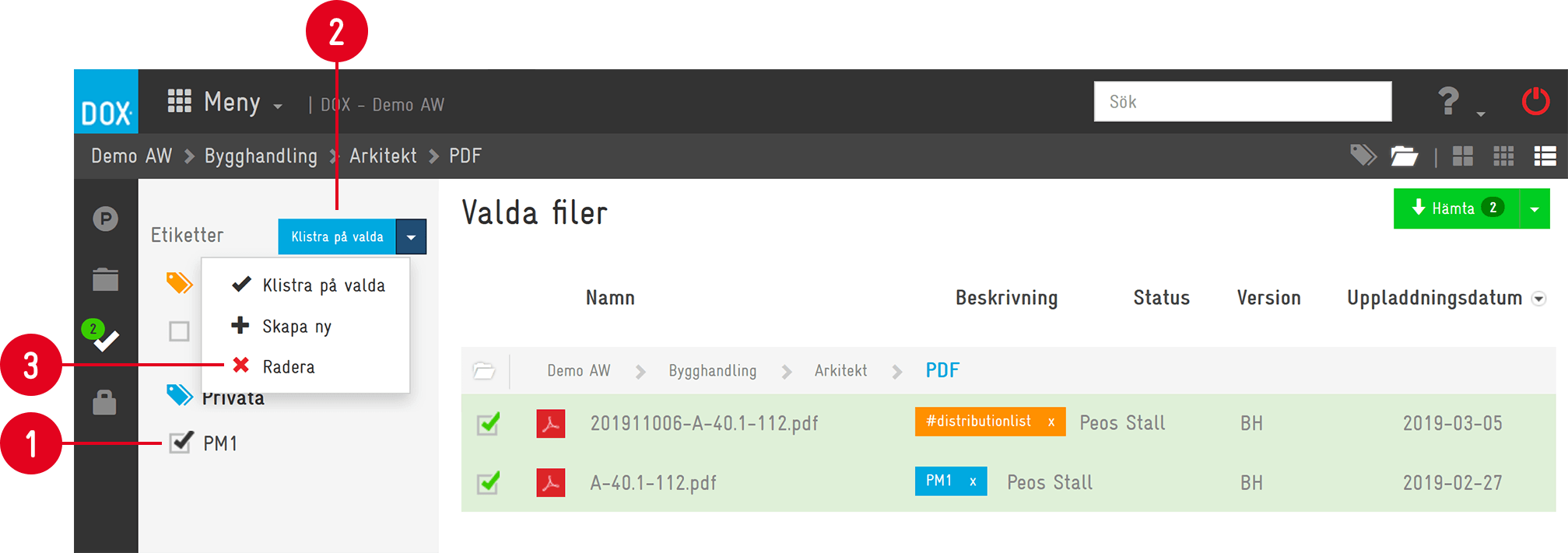 DOX — Selected Files with Label dropdown menu open