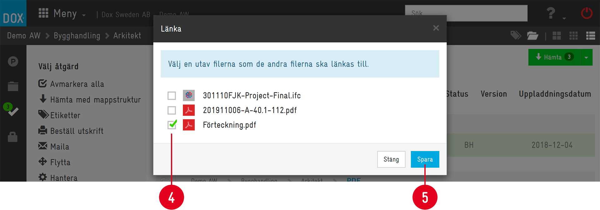 Dox — Link Files dialog with file selection