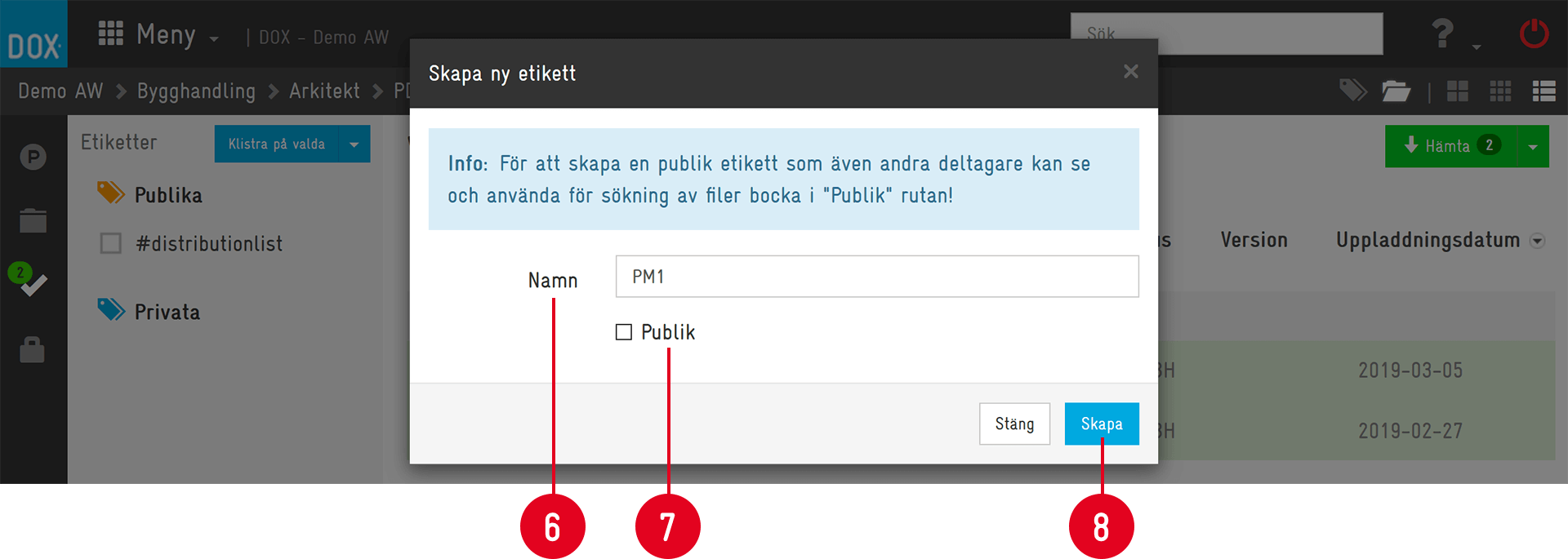 Dialog för att skapa ny etikett i DOX