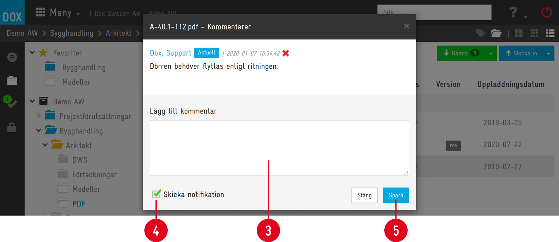 Dox — File Comments dialog with add comment form