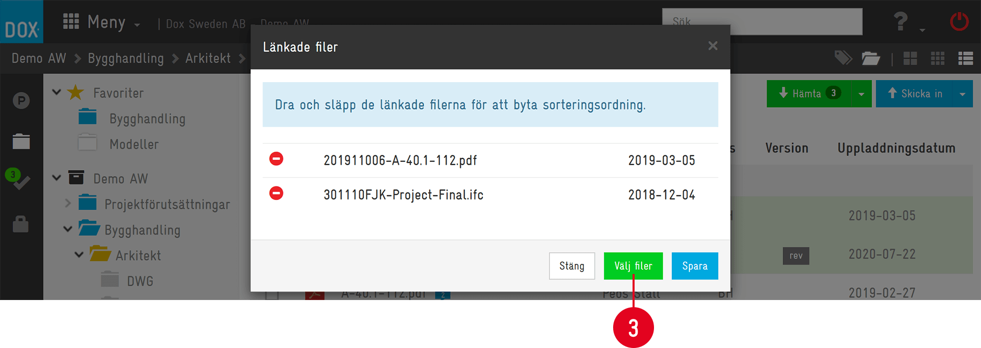 Linked Files dialog with drag-to-sort instruction