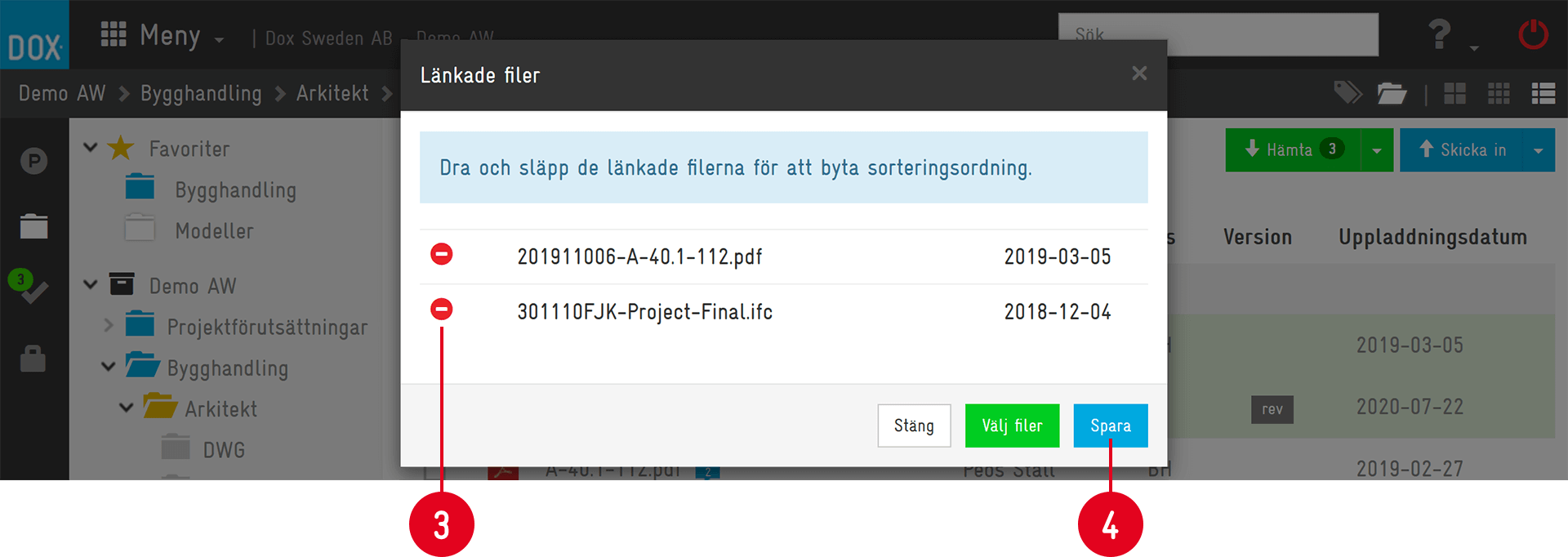 Dox — Linked Files dialog with sort instructions