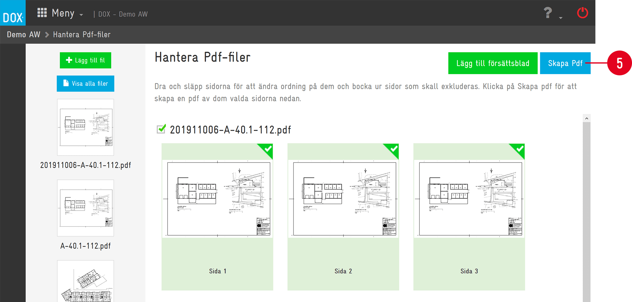 DOX — Manage PDF Files page with page thumbnails