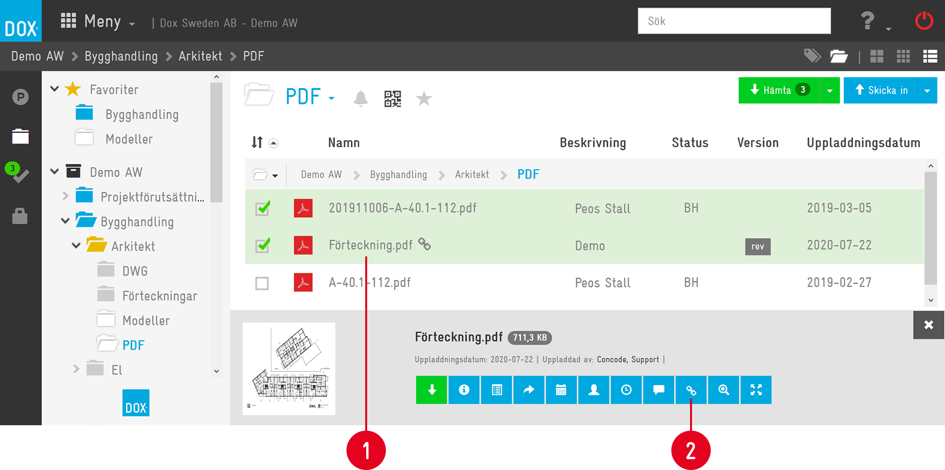 DOX dokumenthantering — PDF-mapp med fildetaljer och åtgärdsknappar