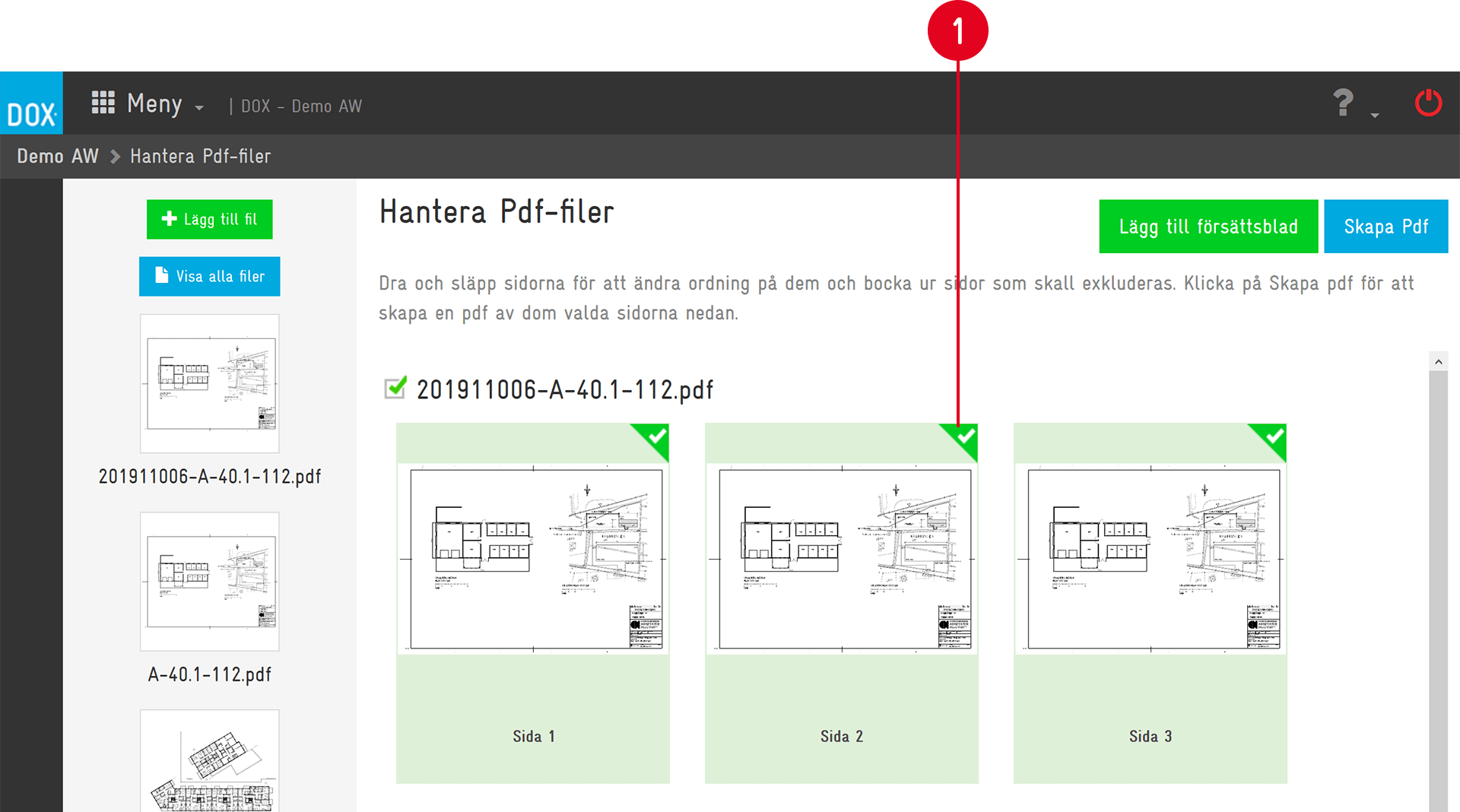 Hantera PDF-filer — sidöversikt med förhandsvisning