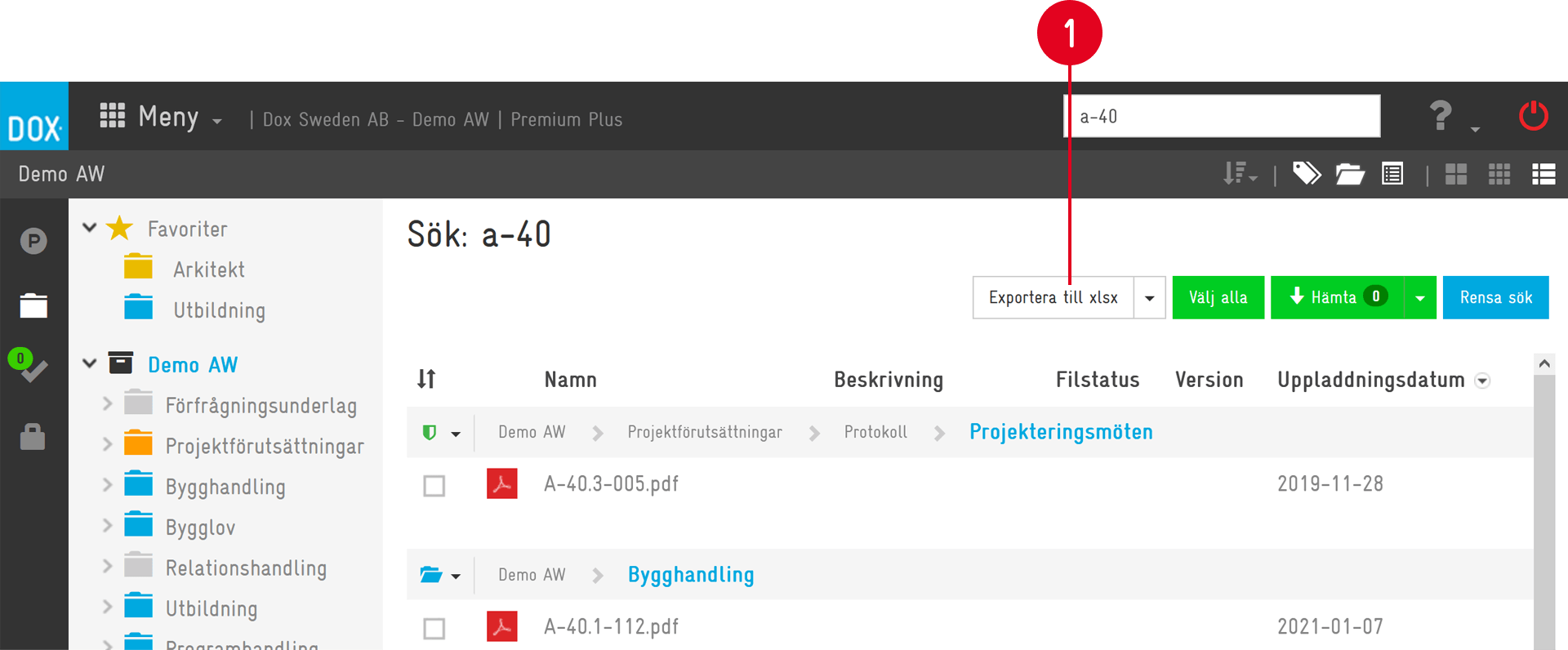 DOX search results page for document query