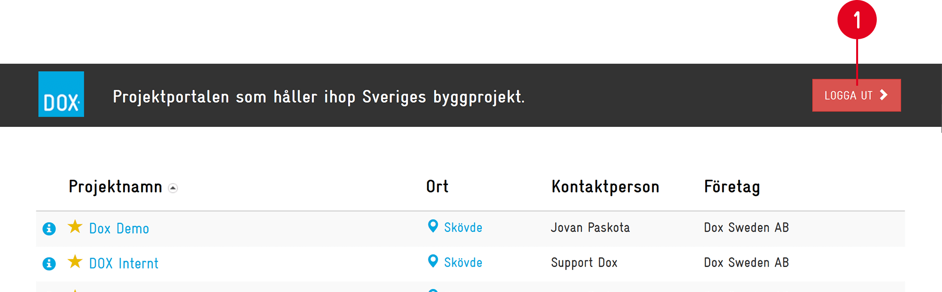DOX project portal — project list with logout button