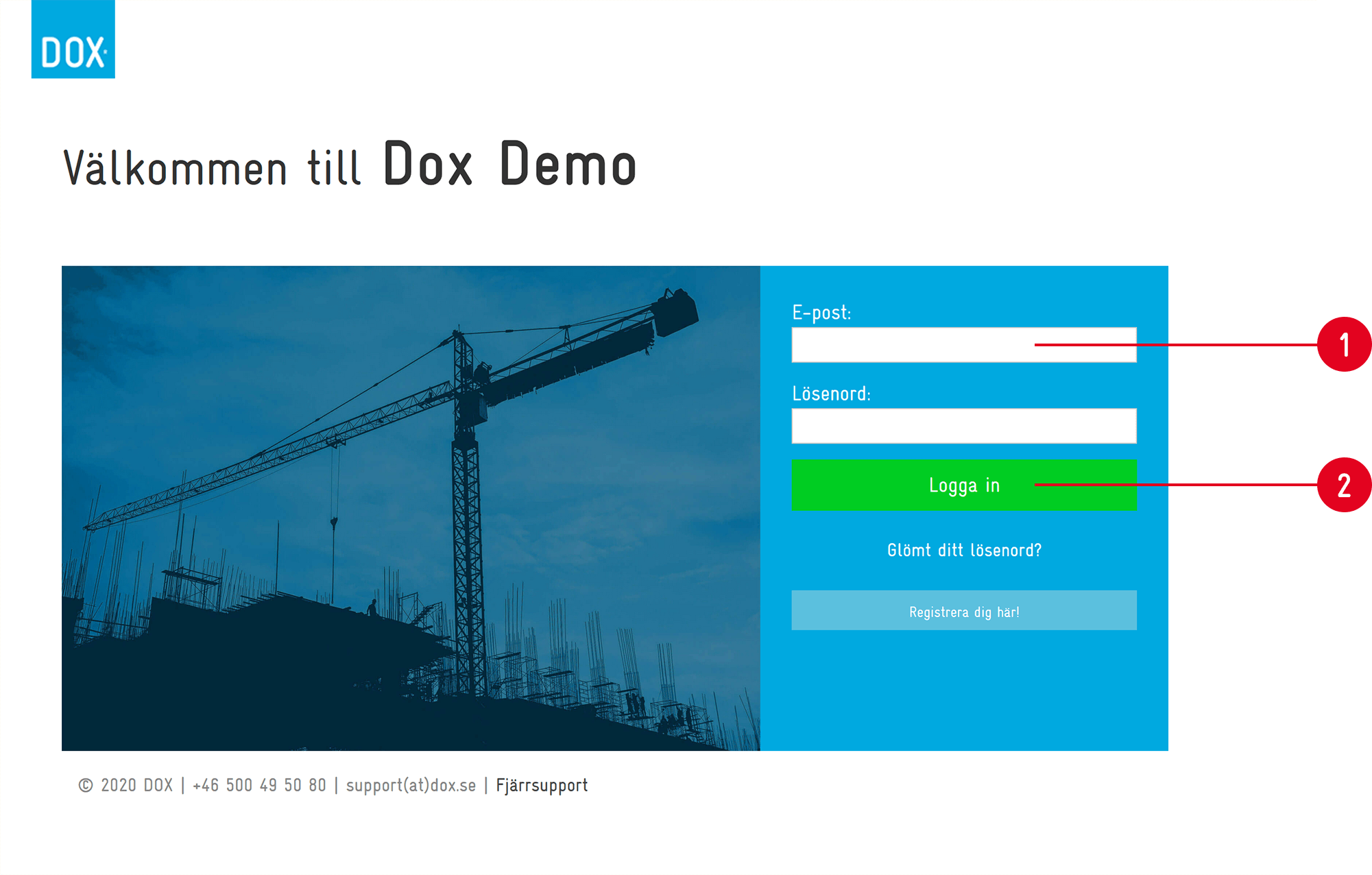 Dox Demo inloggningssida med e-post och lösenord