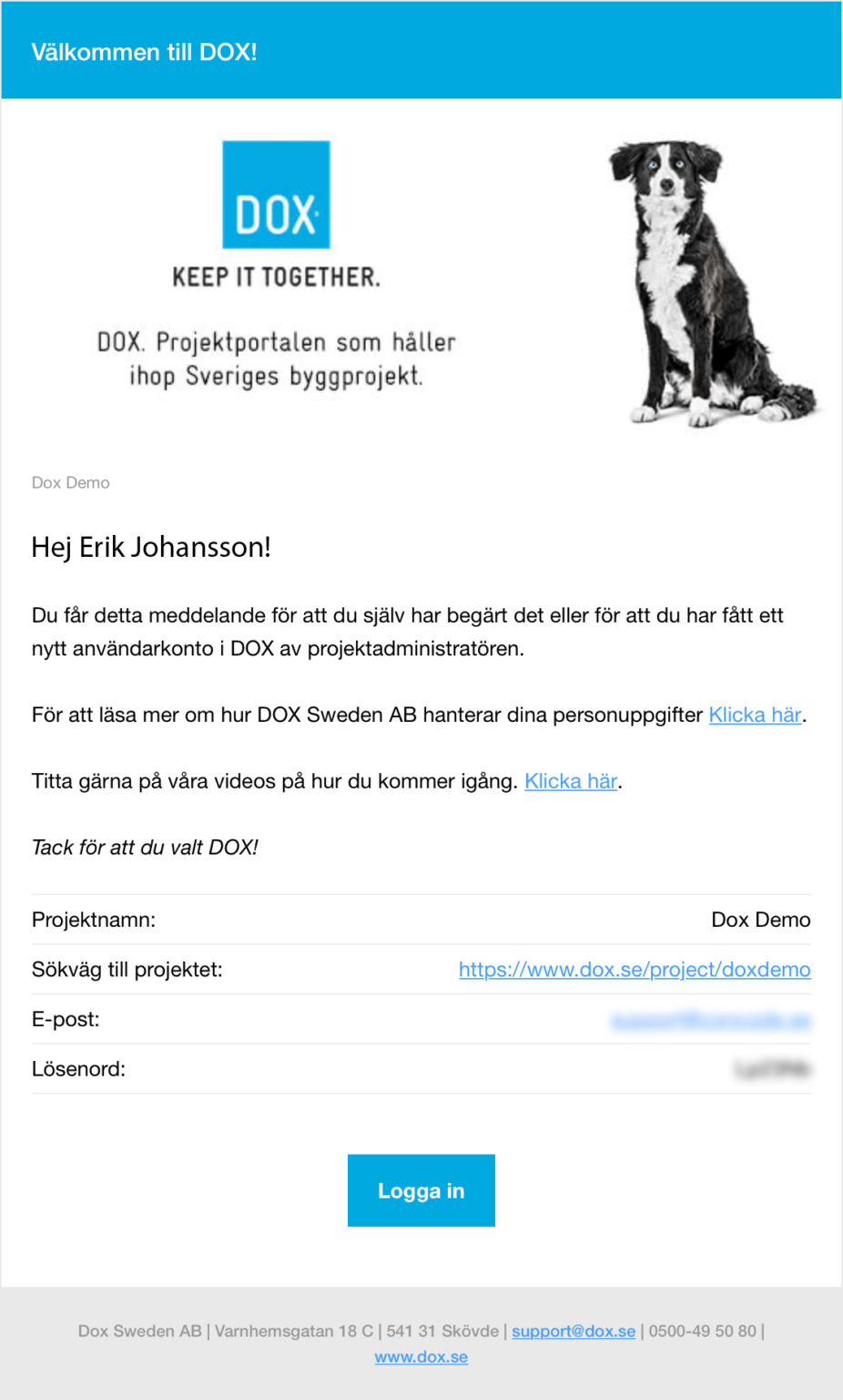 DOX välkomstmejl med inloggningsuppgifter och projektlänk