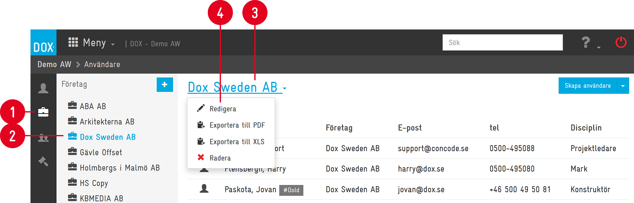 Aceve — Users list with company context menu open