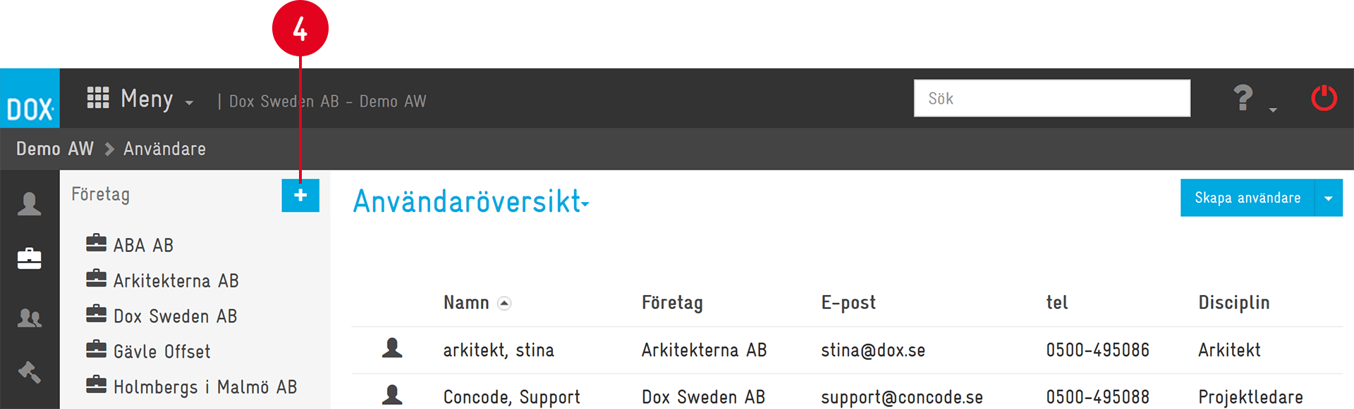 DOX — User Overview page with company list