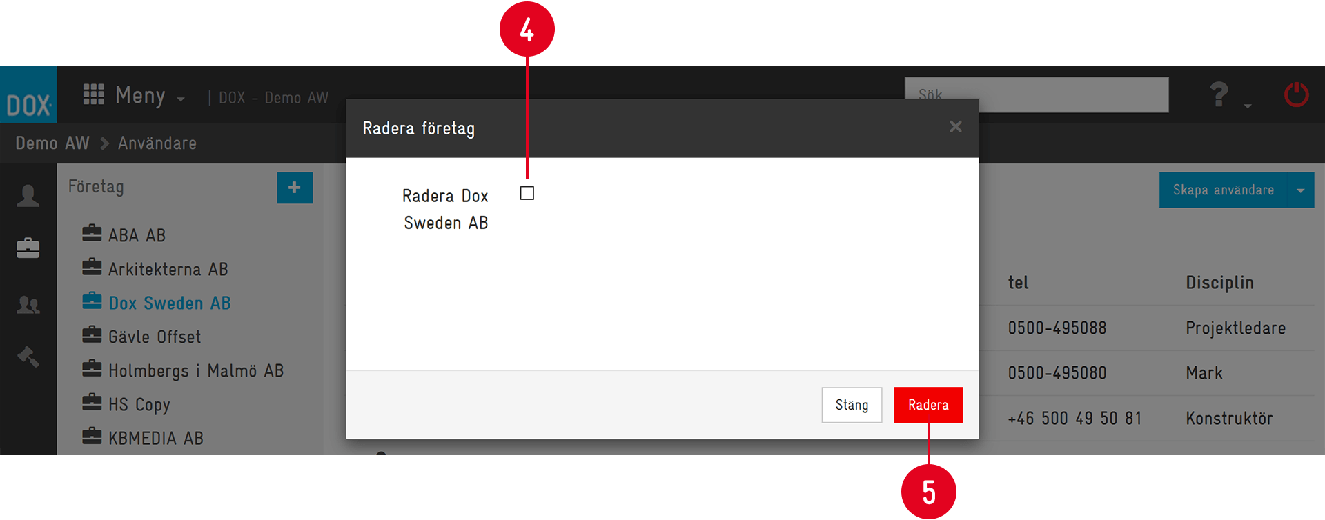 DOX — Delete Company confirmation dialog