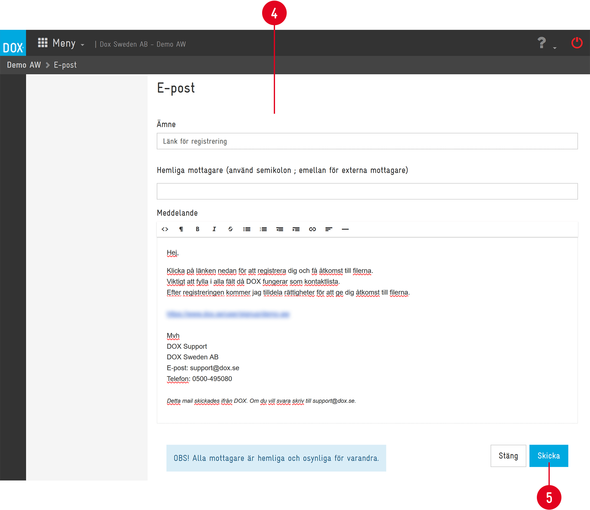 DOX — E-post compose screen with Send button