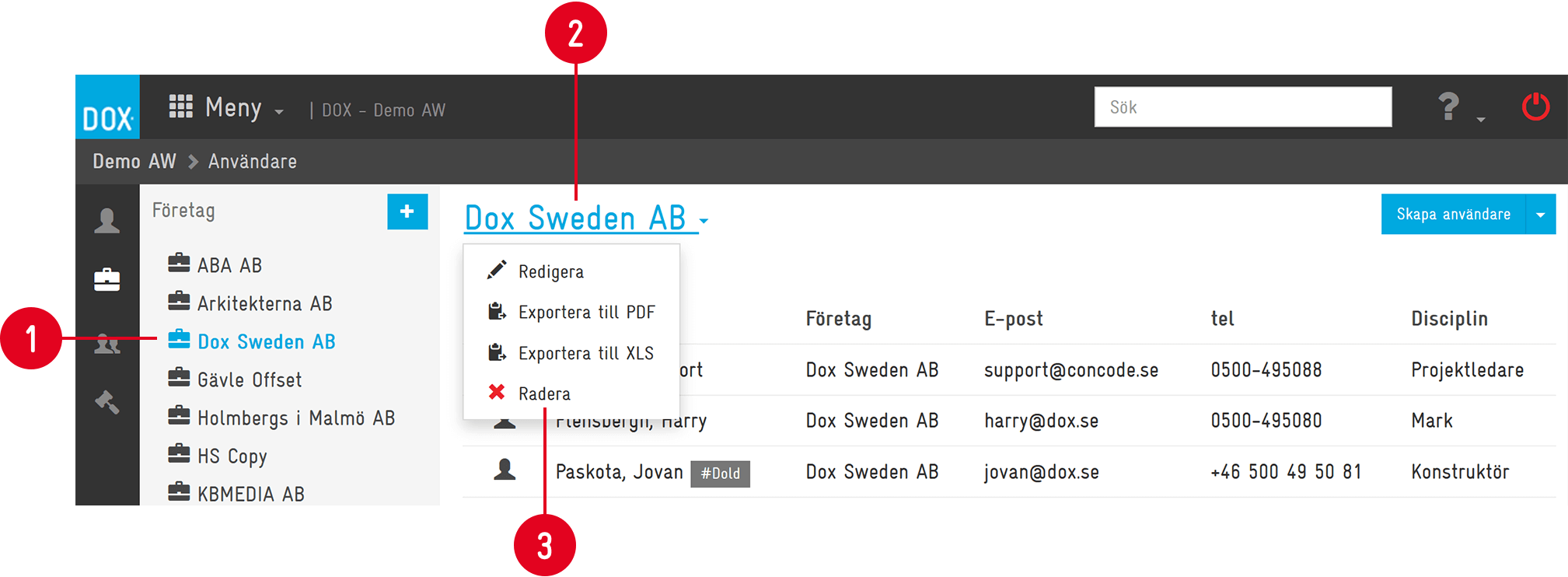 Aceve — Users list with company context menu open