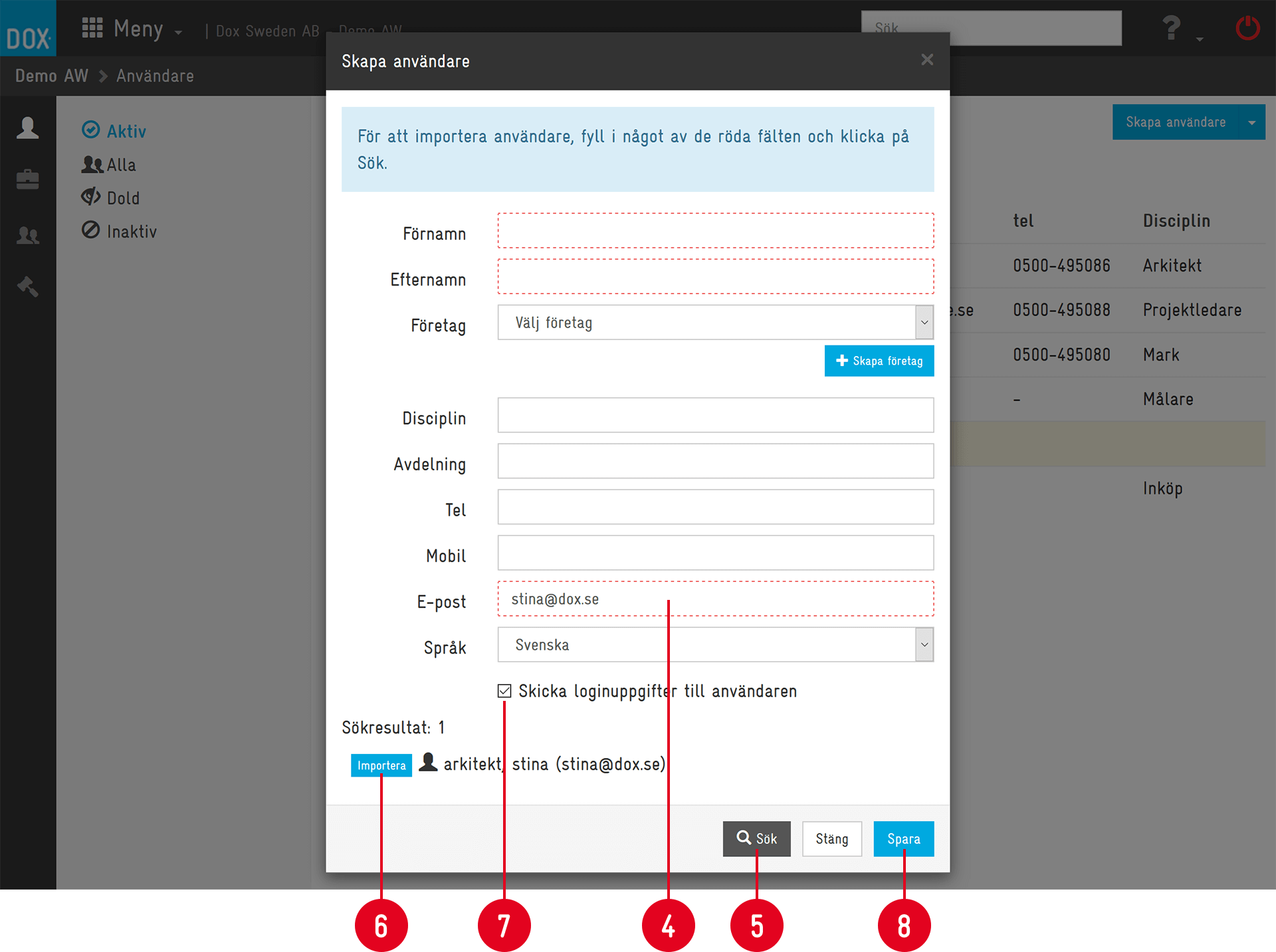 Aceve — Create User dialog with import search result