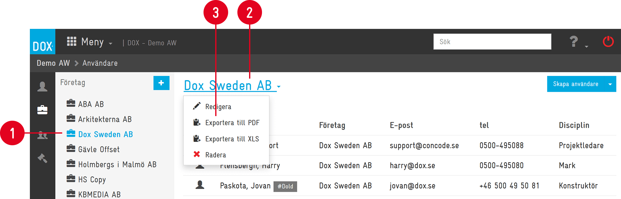 Aceve — Users list with company context menu open