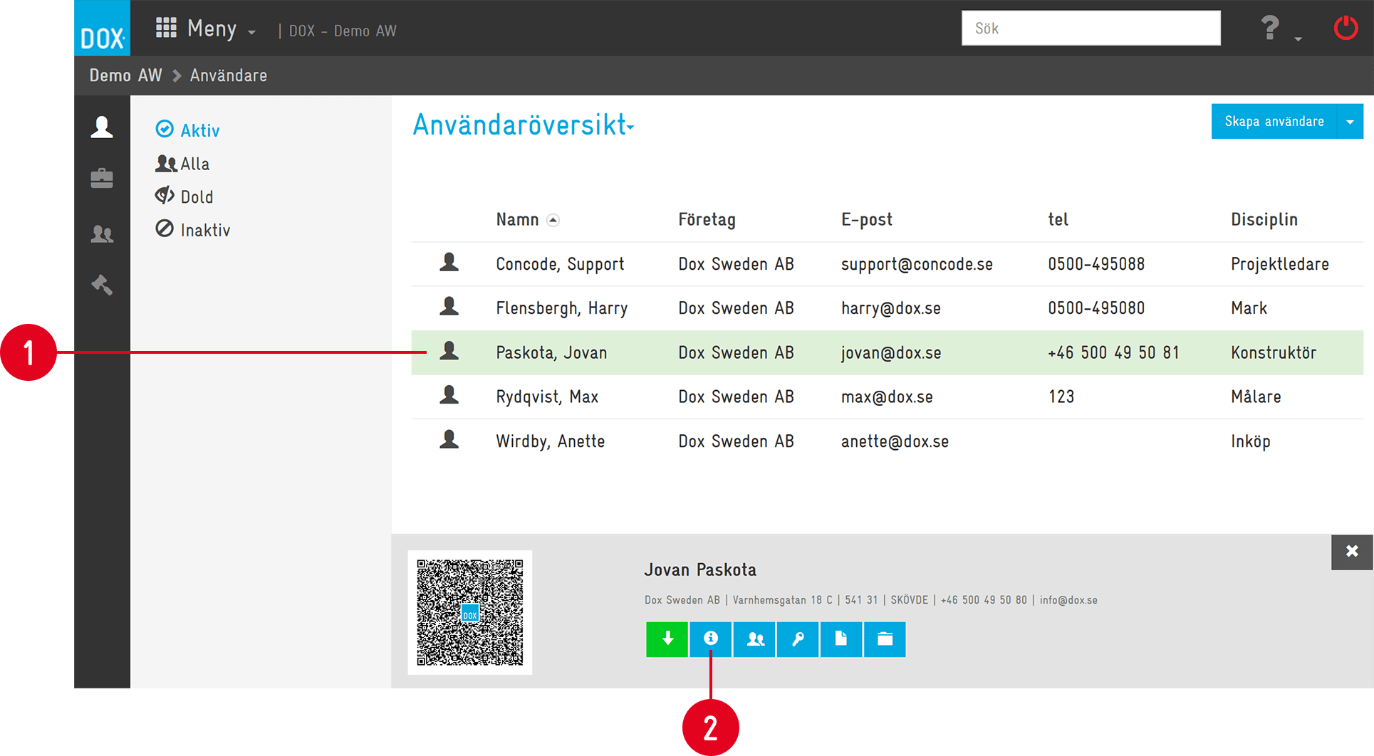 DOX — User Overview with selected user detail panel