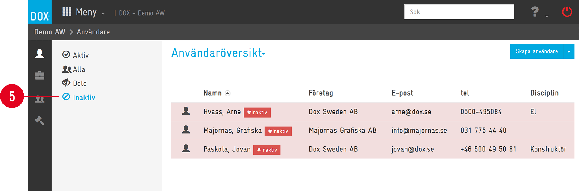 Användaröversikt — filtrering på inaktiva användare