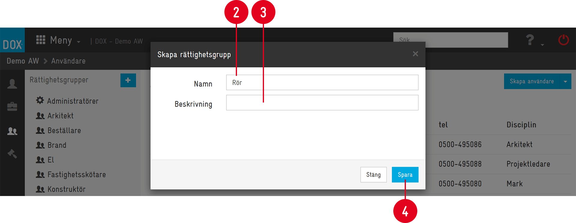 Dialog för att skapa rättighetsgrupp i DOX