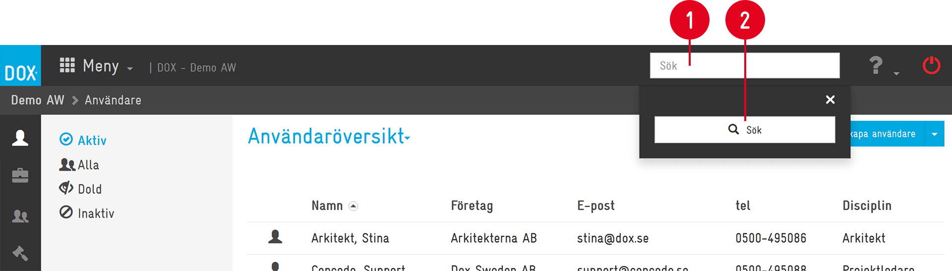 DOX User Overview with search bar highlighted