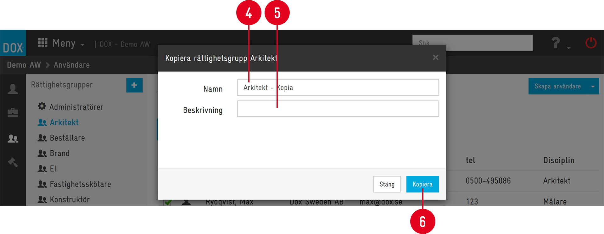 Copy permission group dialog in DOX Users