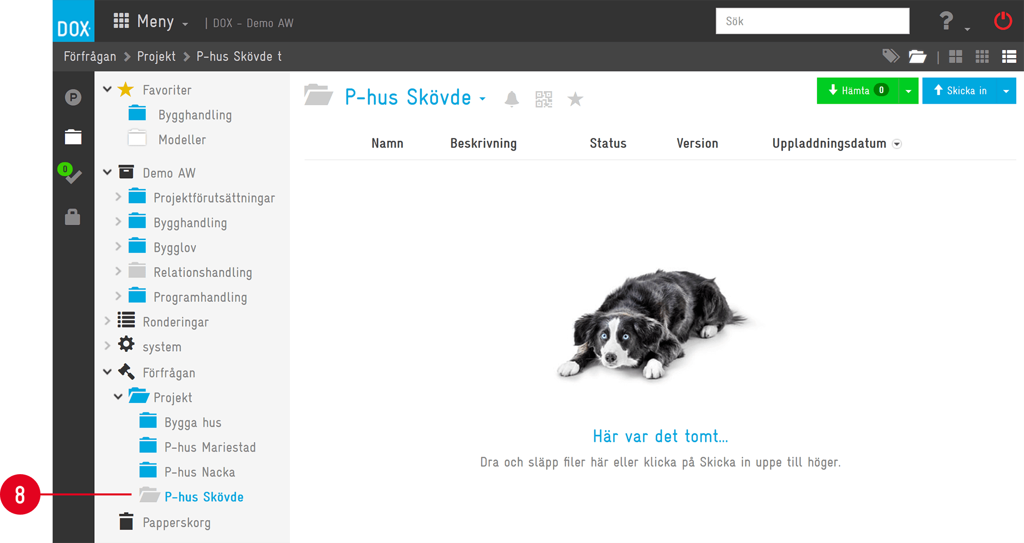 DOX projektmapp öppen — tom mapp med uppladdningsuppmaning