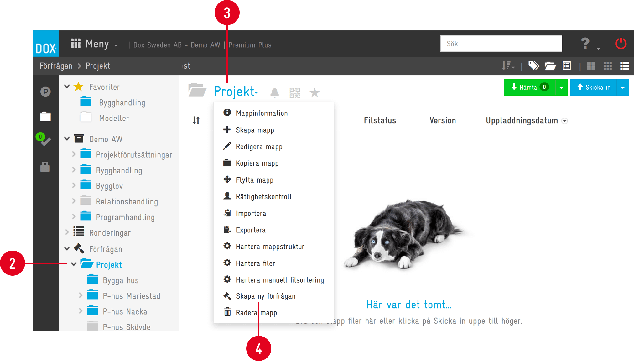 Projektmapp kontextmeny med mapphanteringsalternativ i DOX