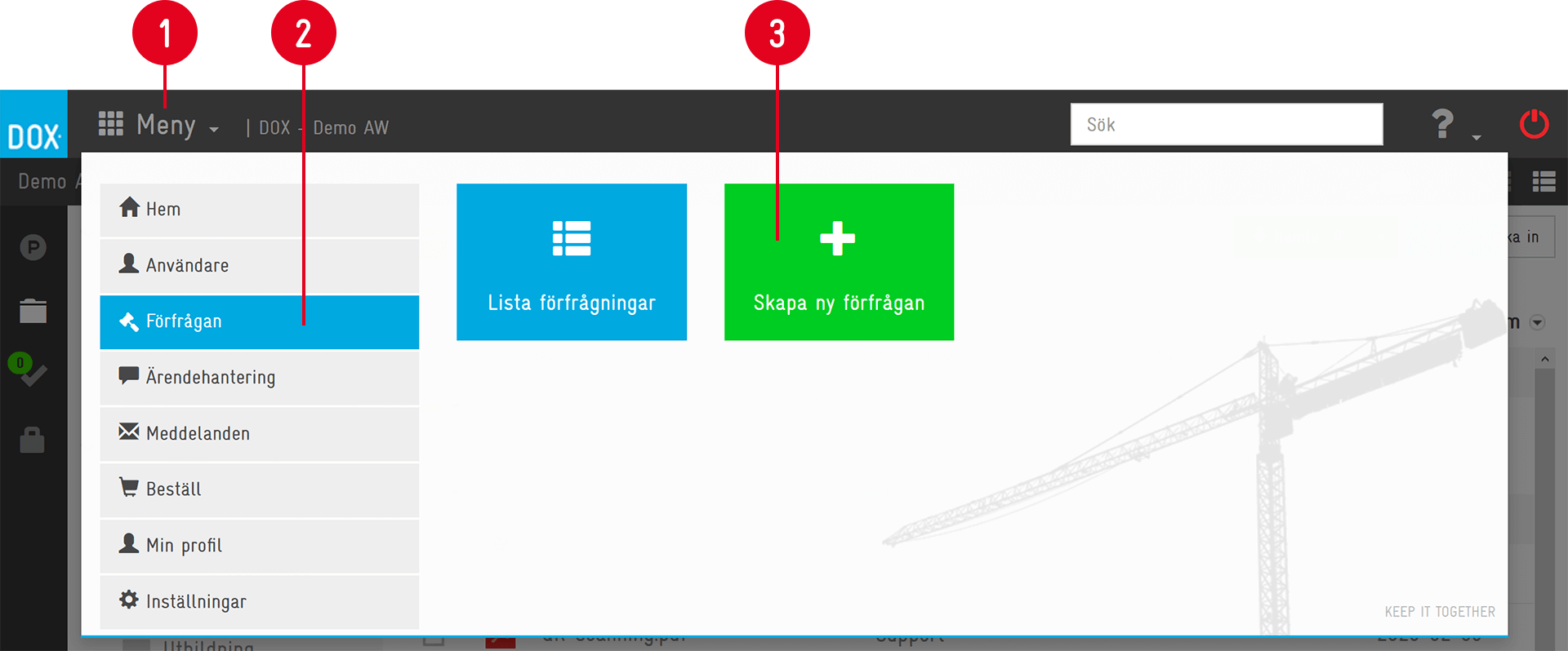 Aceve — Förfrågan-modulen med lista och skapa-knappar