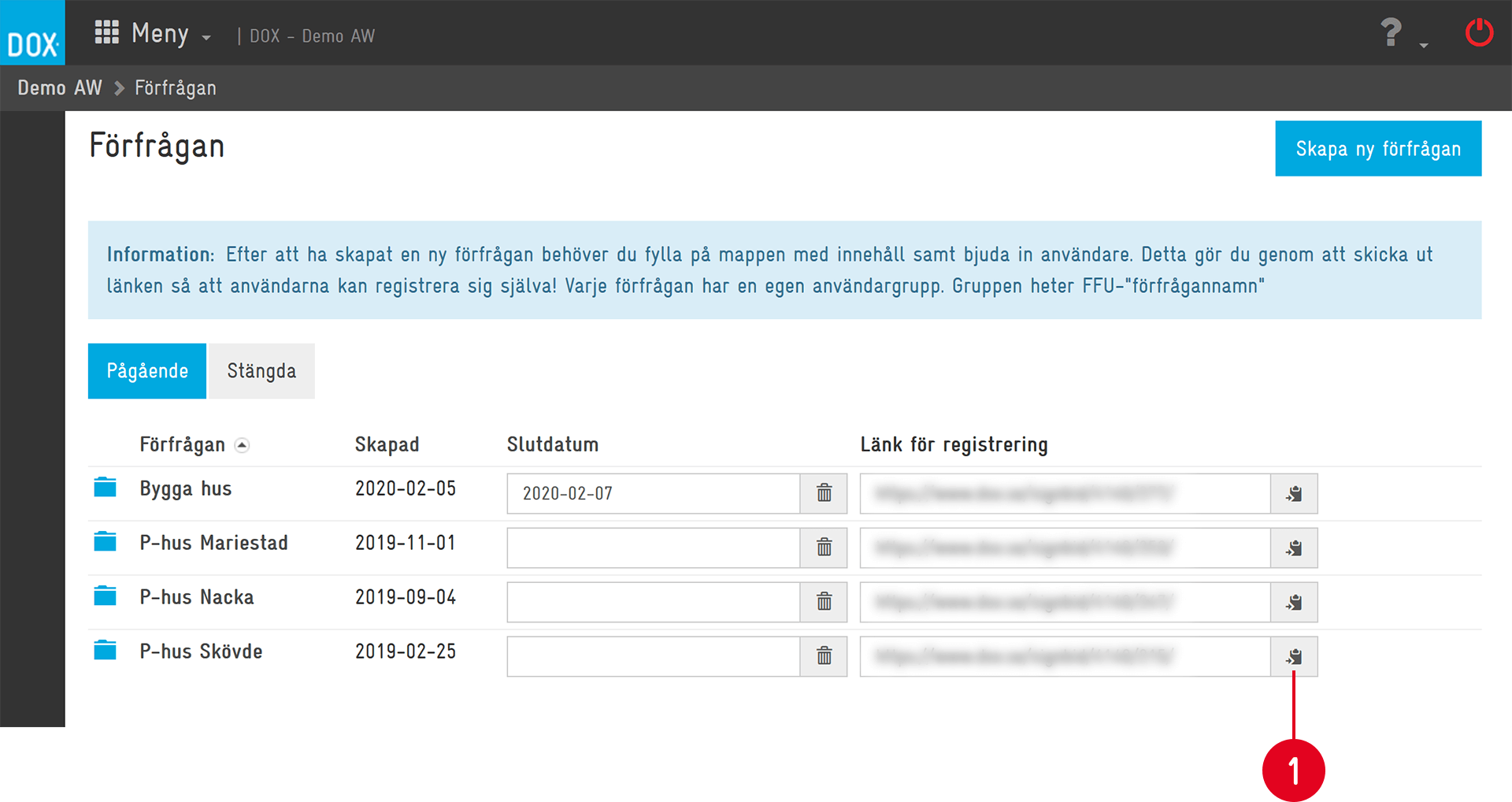 DOX — Förfrågan (Enquiries) list page