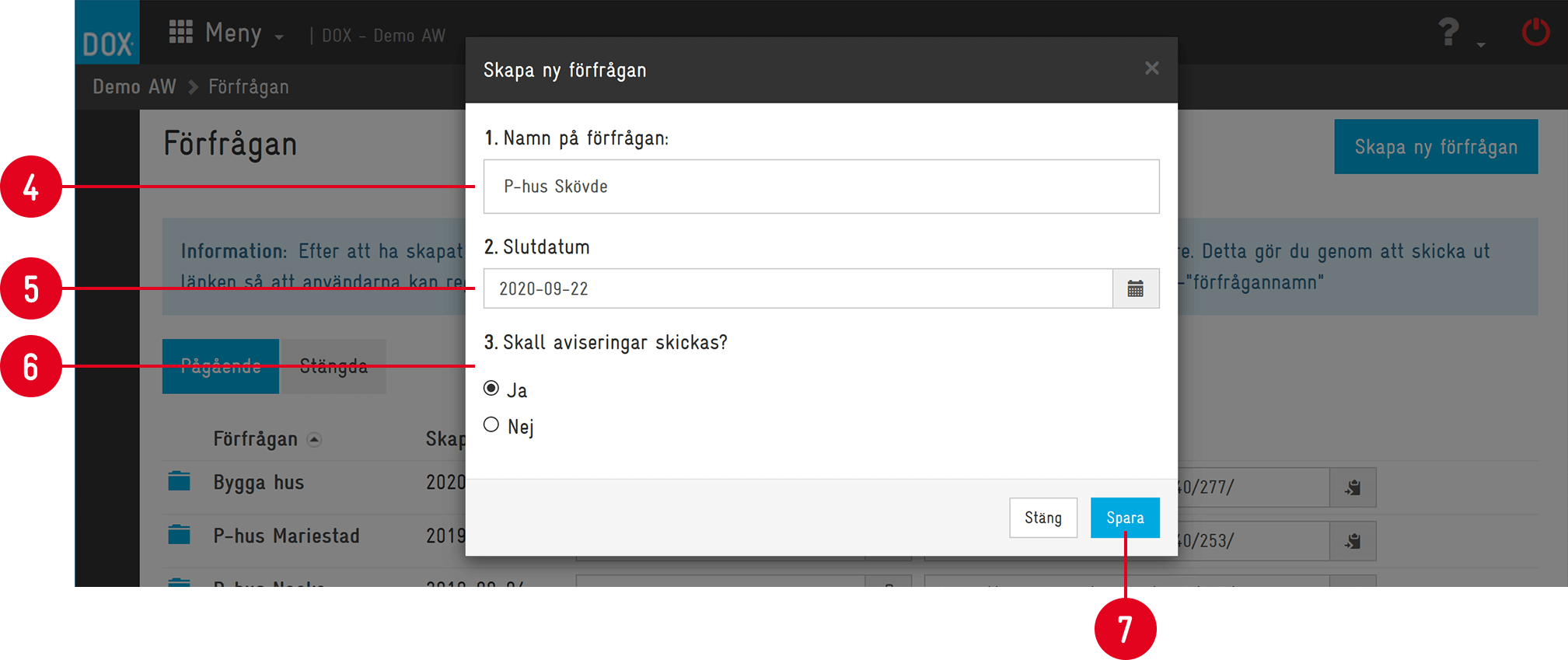 Dialog för att skapa ny förfrågan i DOX