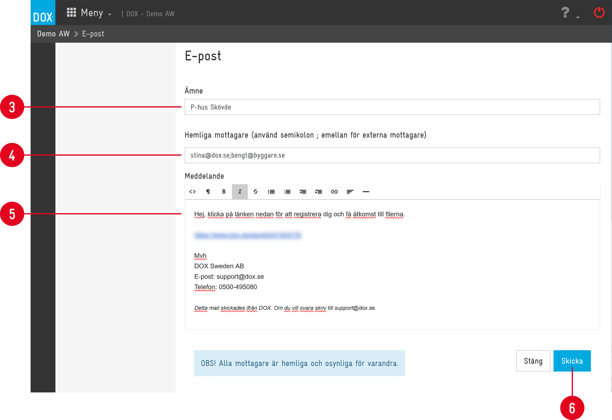 DOX — E-post compose form with numbered steps