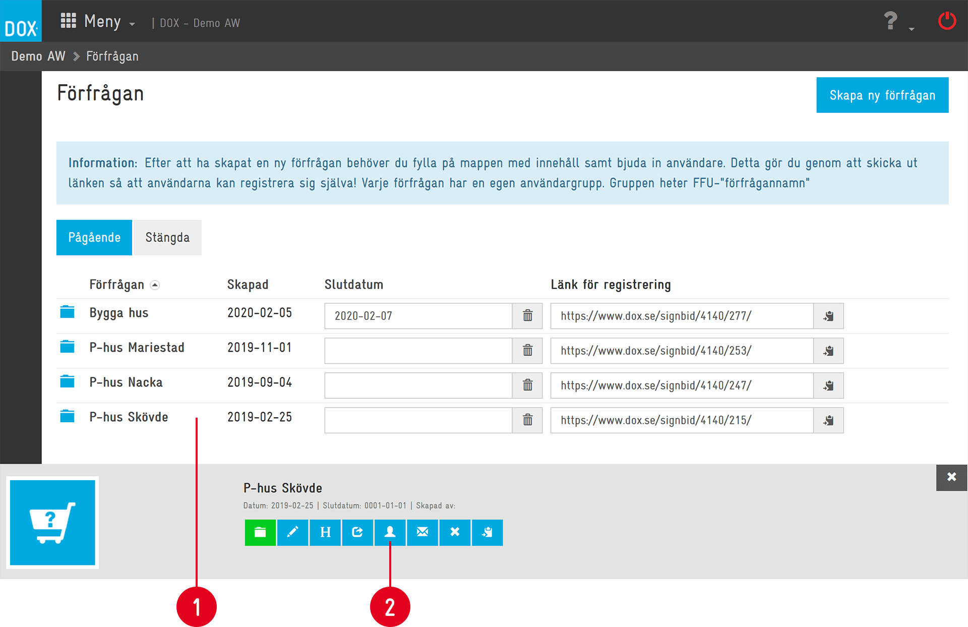 DOX — Förfrågan (Inquiries) list with action toolbar