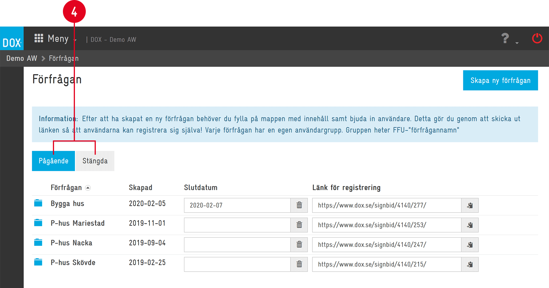 DOX Förfrågan — lista över pågående förfrågningar med registreringslänkar