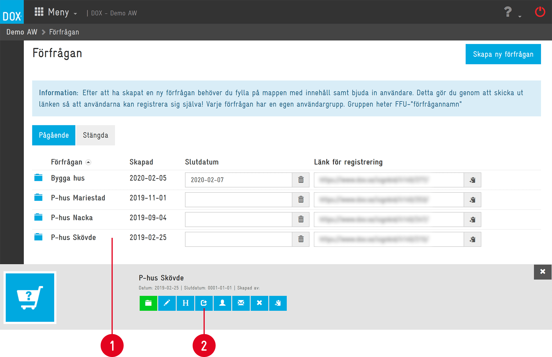 DOX — Förfrågan (Inquiry) list with action toolbar