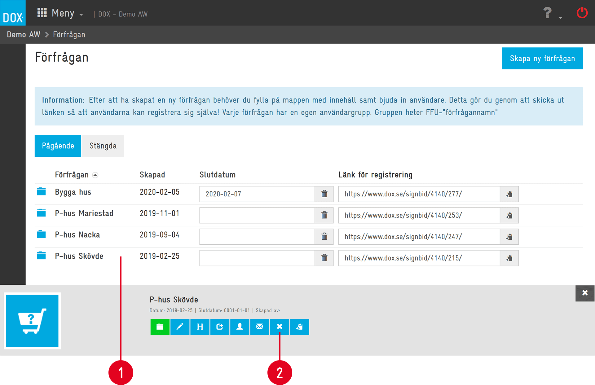 DOX — Förfrågan (Enquiry) list with action toolbar