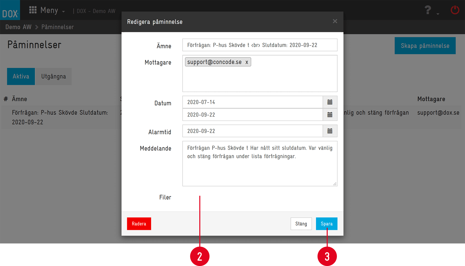Redigera påminnelse — dialog med ämne, datum och meddelande