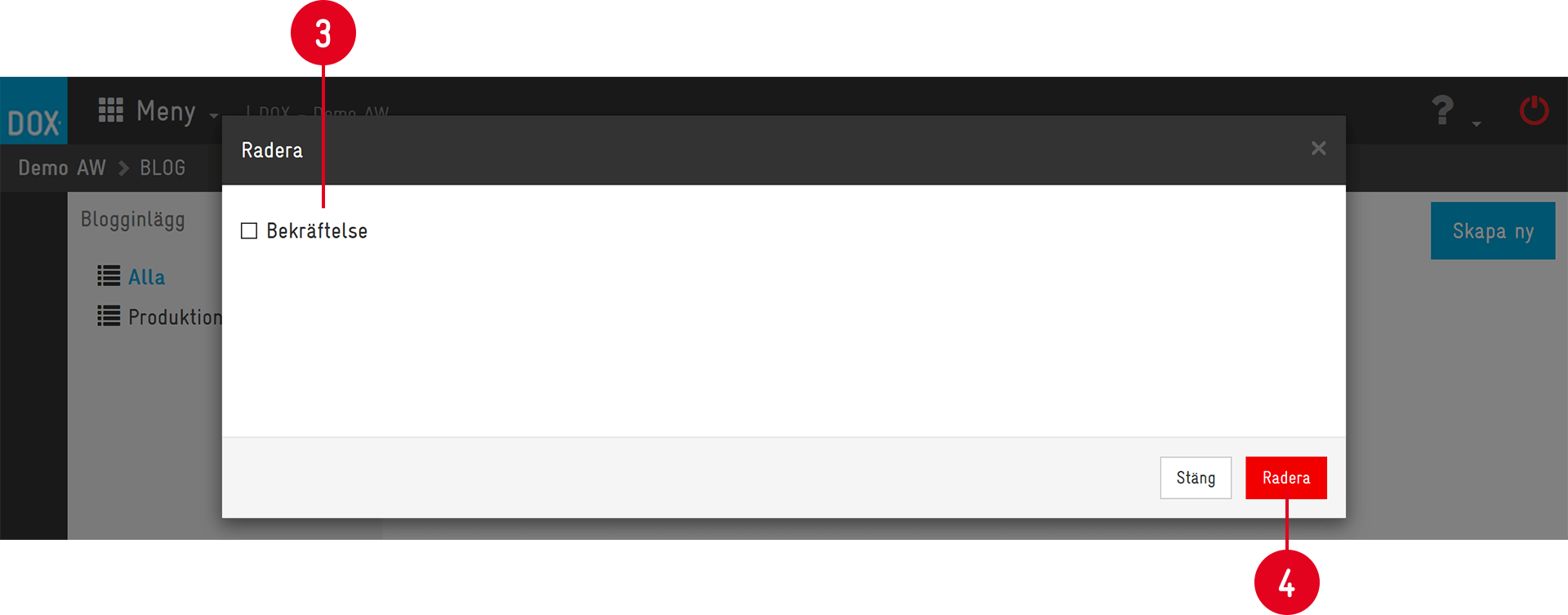 Delete confirmation dialog in blog management