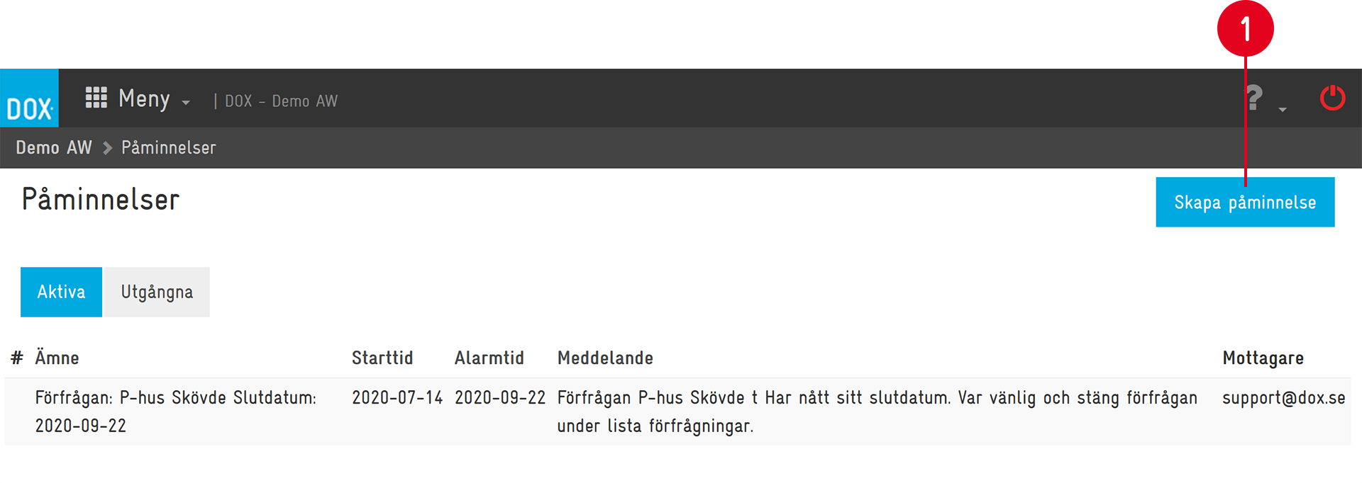Påminnelser-sida med aktiva påminnelser och skapa-knapp