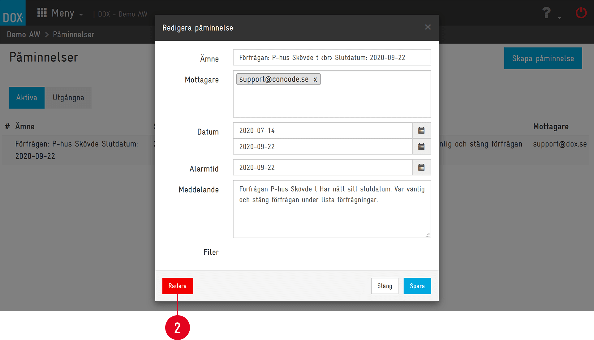 Dialog för att redigera påminnelse med datum och meddelande