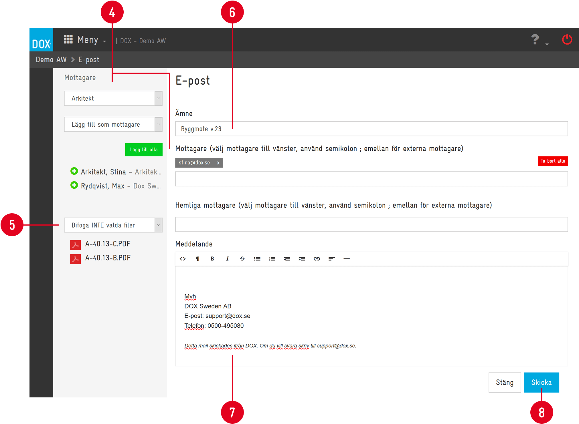 DOX — Compose Email (E-post) screen