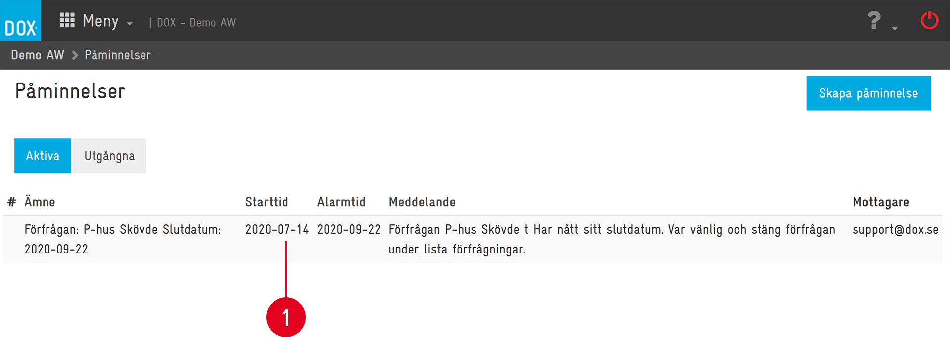 DOX — Reminders (Påminnelser) active list view