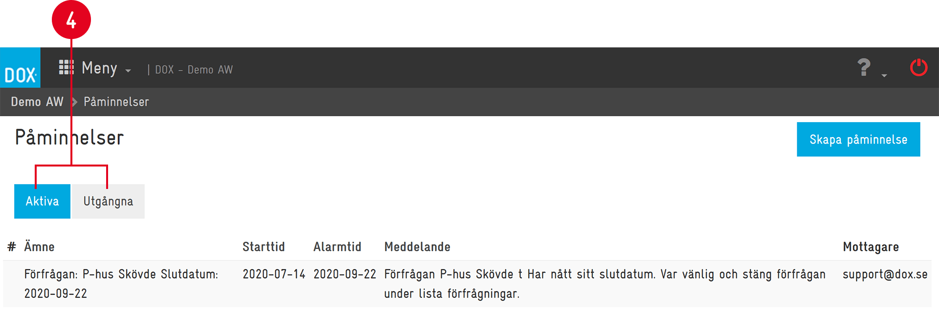 Påminnelser — lista med aktiva och utgångna påminnelser