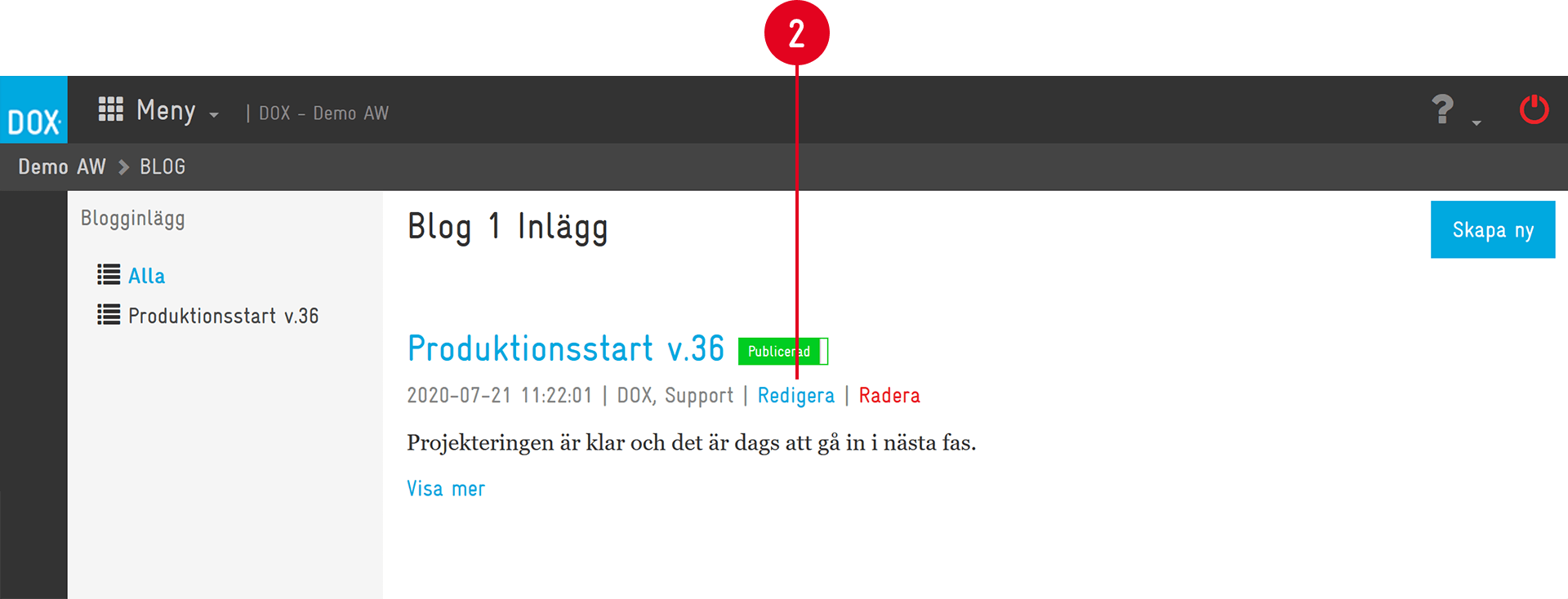 DOX blogg — lista över blogginlägg med publiceringsstatus