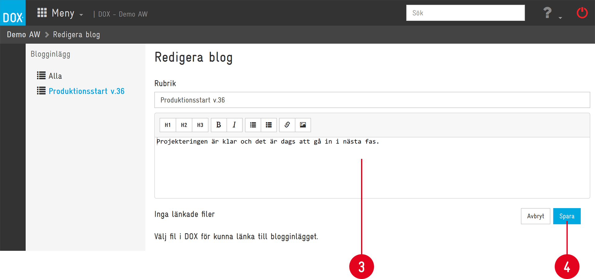 Redigera blog — blogginlägg med rubrik och texteditor