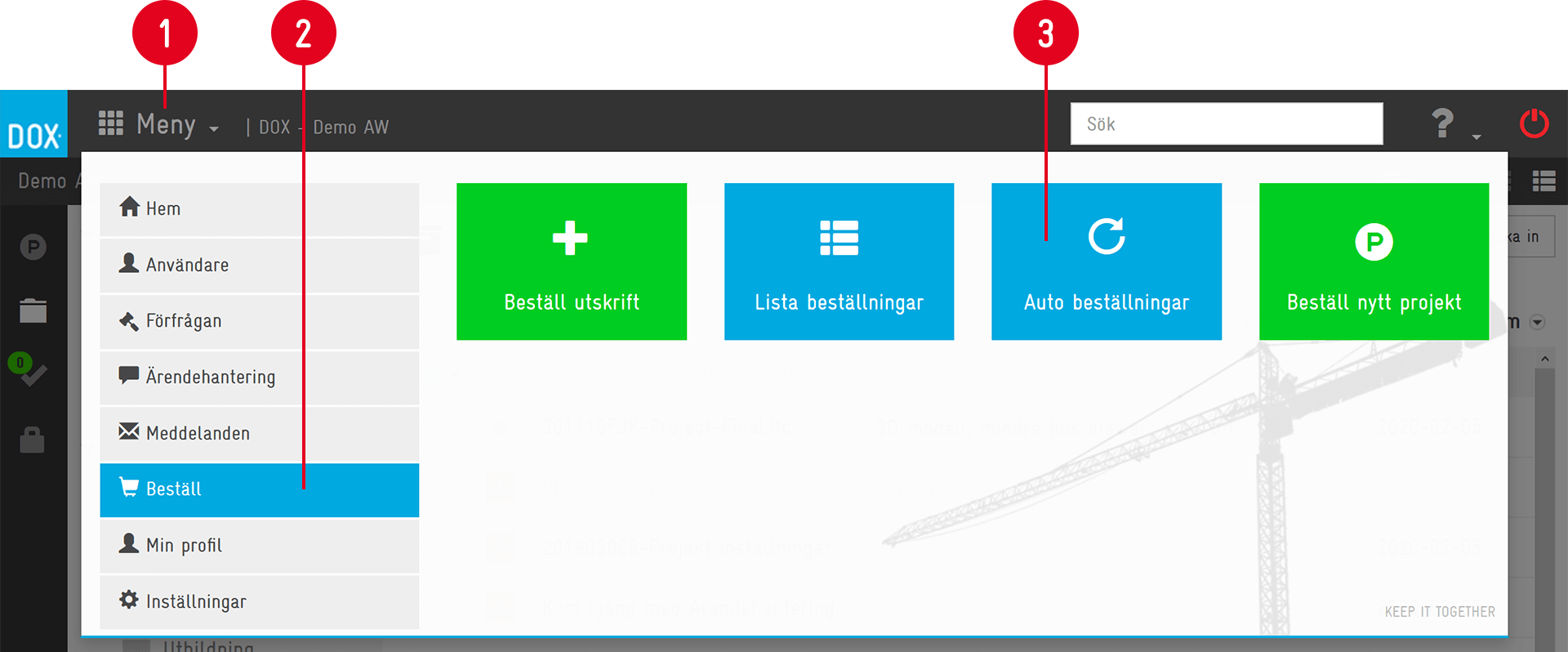 DOX — Beställ (Order) menu with action tiles