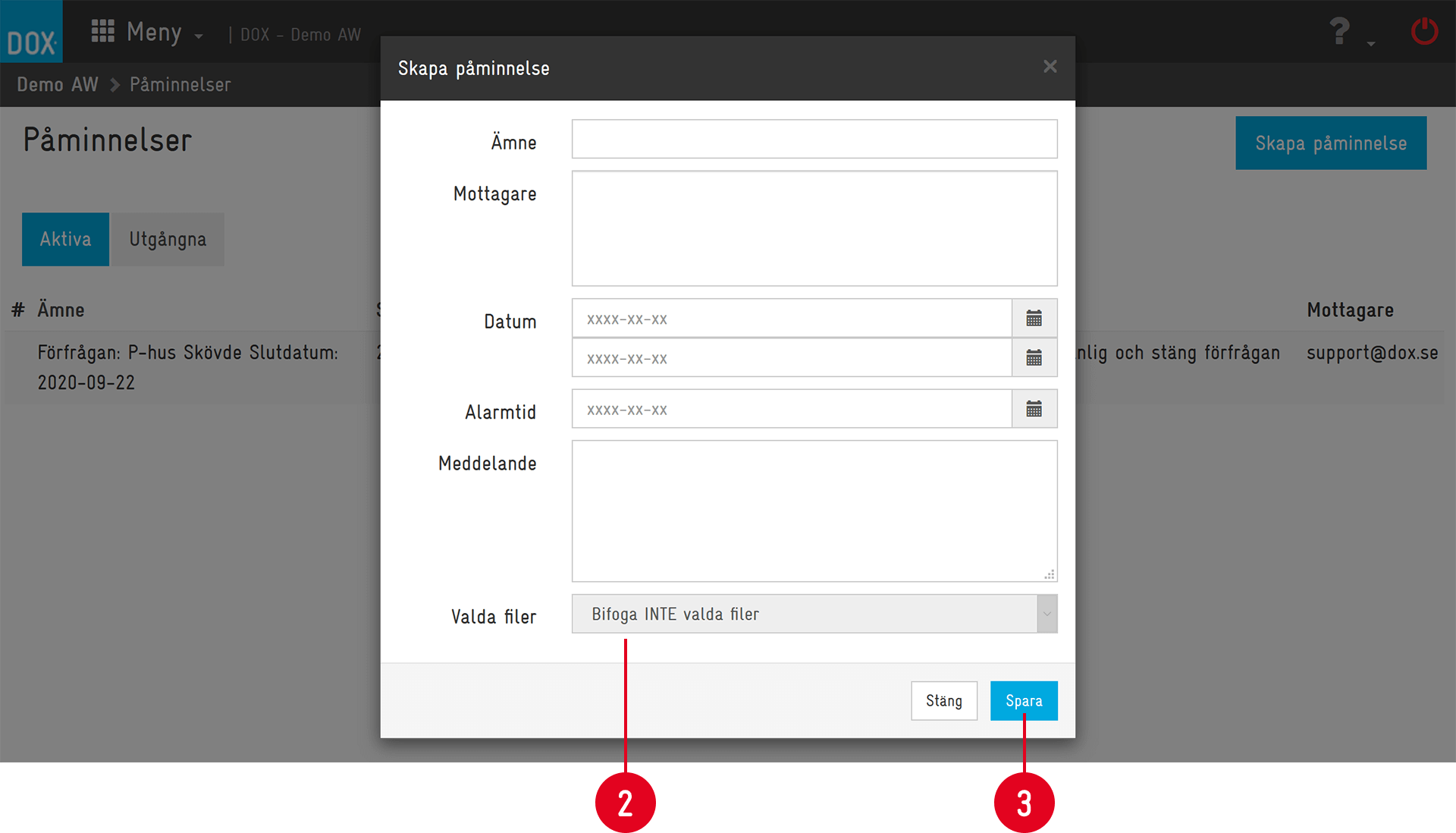 DOX — Create Reminder dialog with form fields
