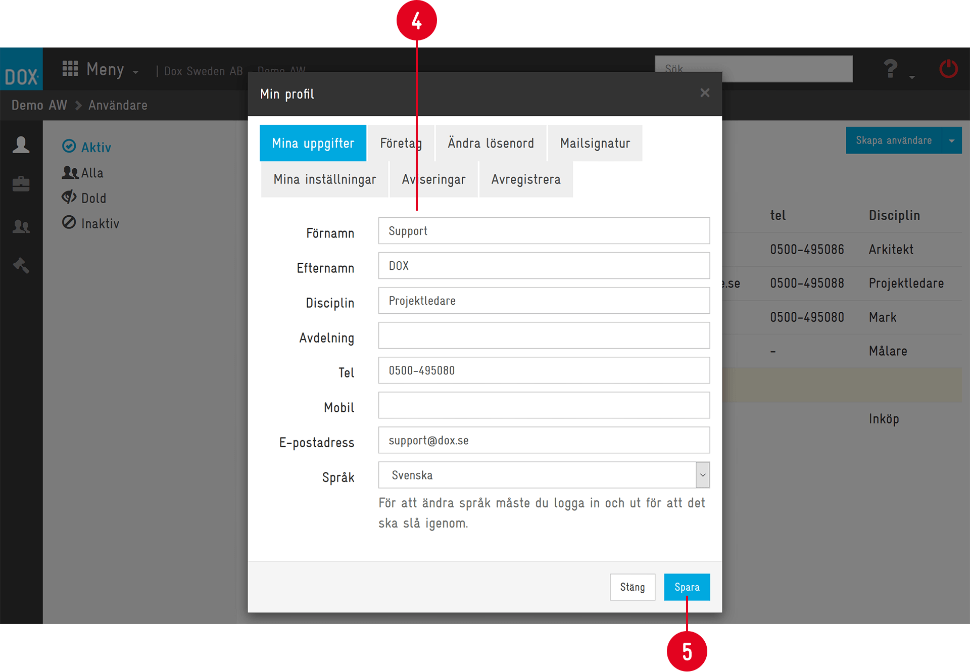 My Profile dialog — personal details tab