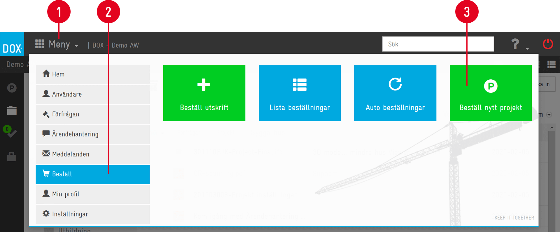 DOX — Beställ menu with order action tiles