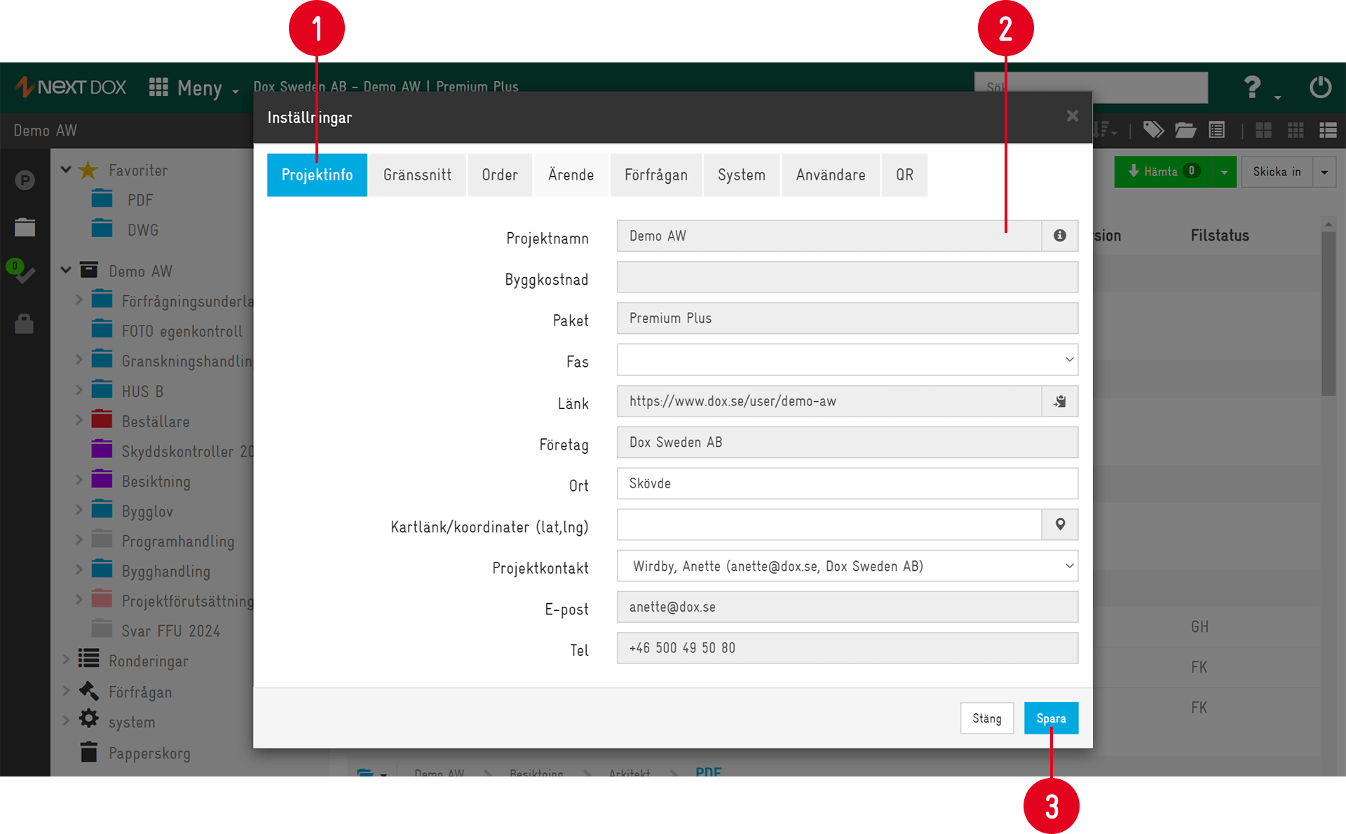 Next DOX Settings — Projektinfo tab