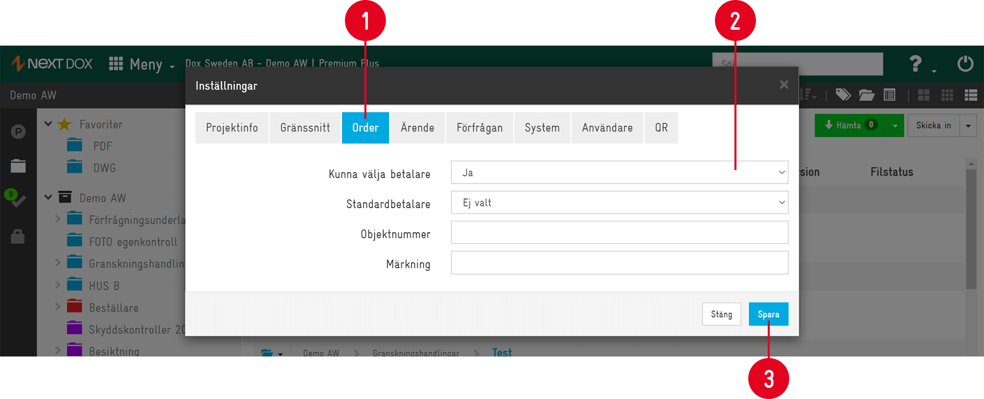 Inställningar — Order-fliken med betalare och märkning